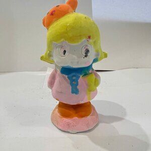 Handmade Painted Figurine Cute Girl with Bear on Head Adorable Collectible Art